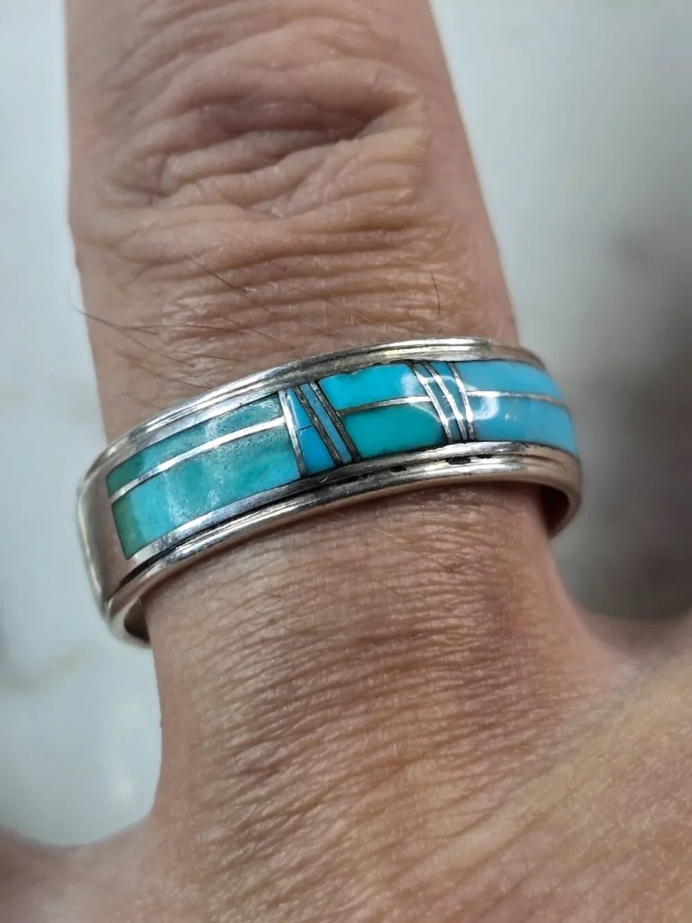 Mens Vintage Estate Sterling Silver Southwestern Turquoise Band Ring 6.1g E633